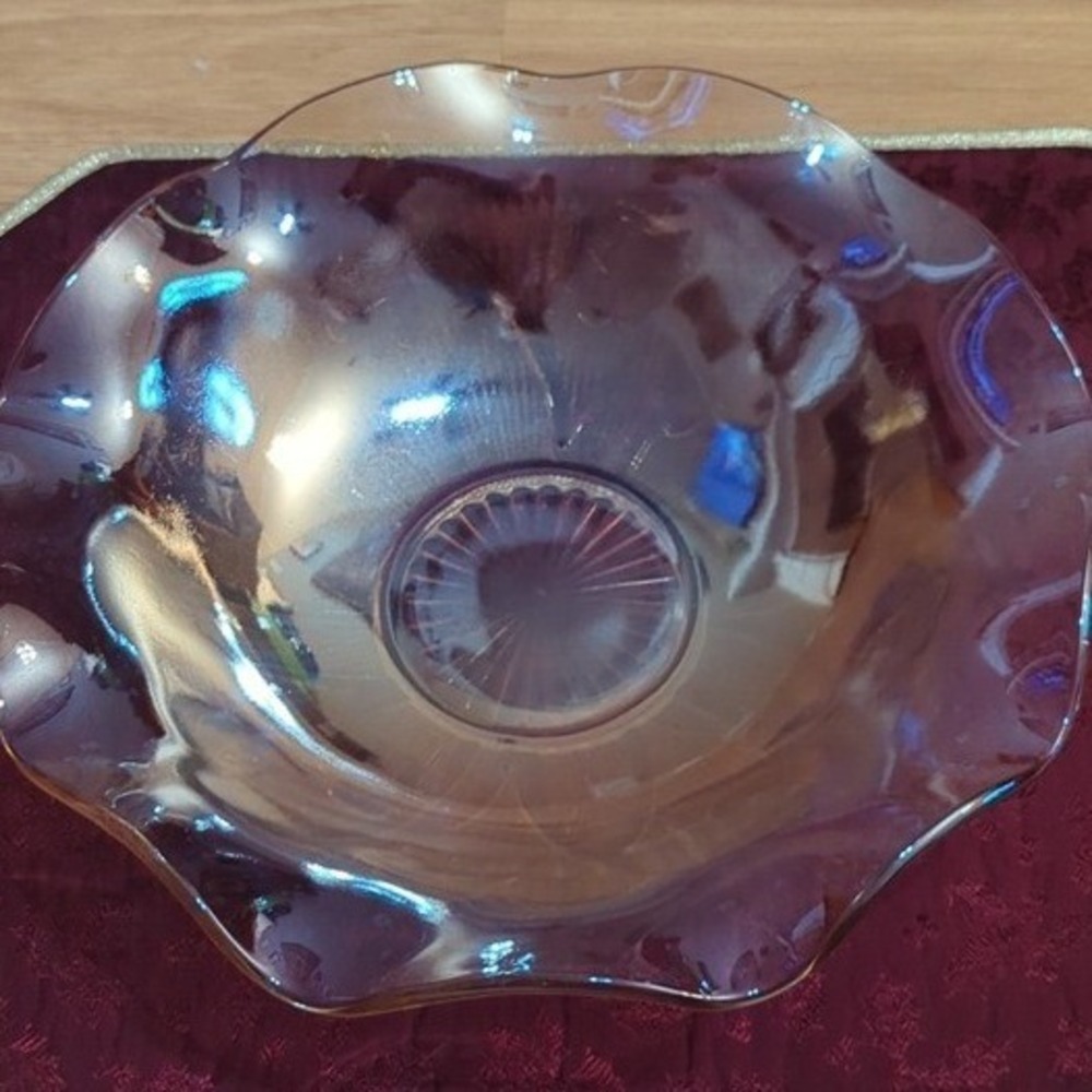 Vintage Iridescent Carnival Glass Bowl Ruffled Edge Floral Design